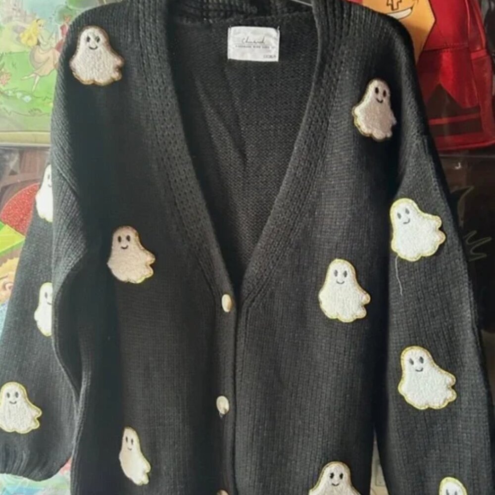 Chic Wish Ghost Patch Buttoned Knit Halloween Cardigan Black Women - Picture 2 of 6